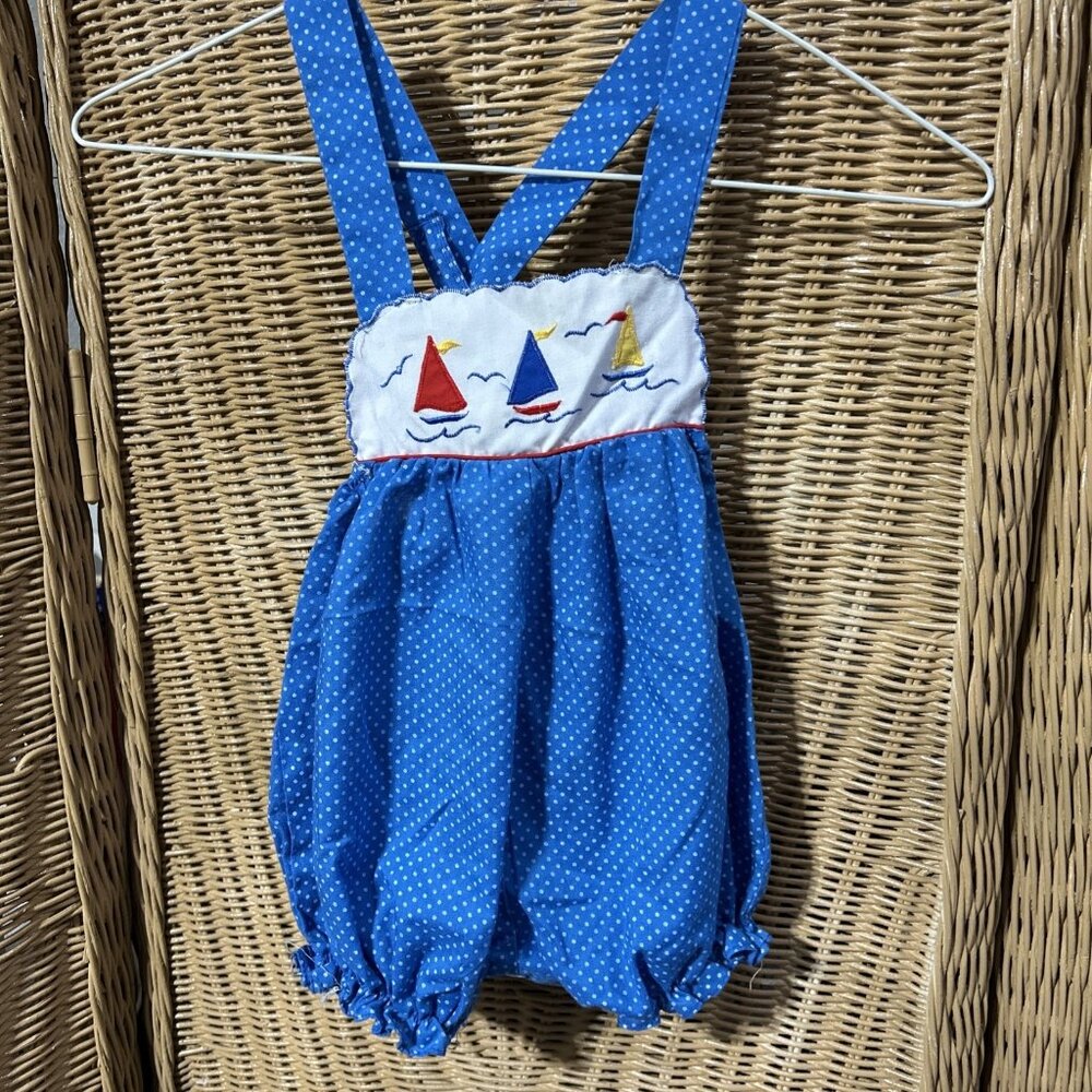 vintage baby Boy girl clothes 9 months Sailboat Jumper Blue White Polka Dot
